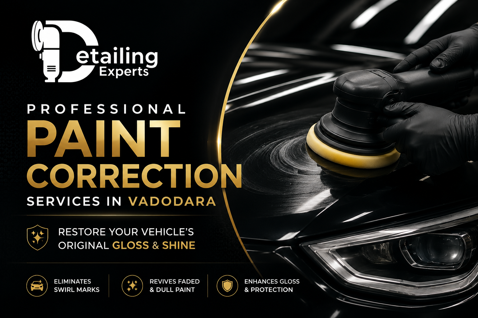 Detailing expert operating a dual action machine polisher over an automotive clear coat panel under bright LED lights