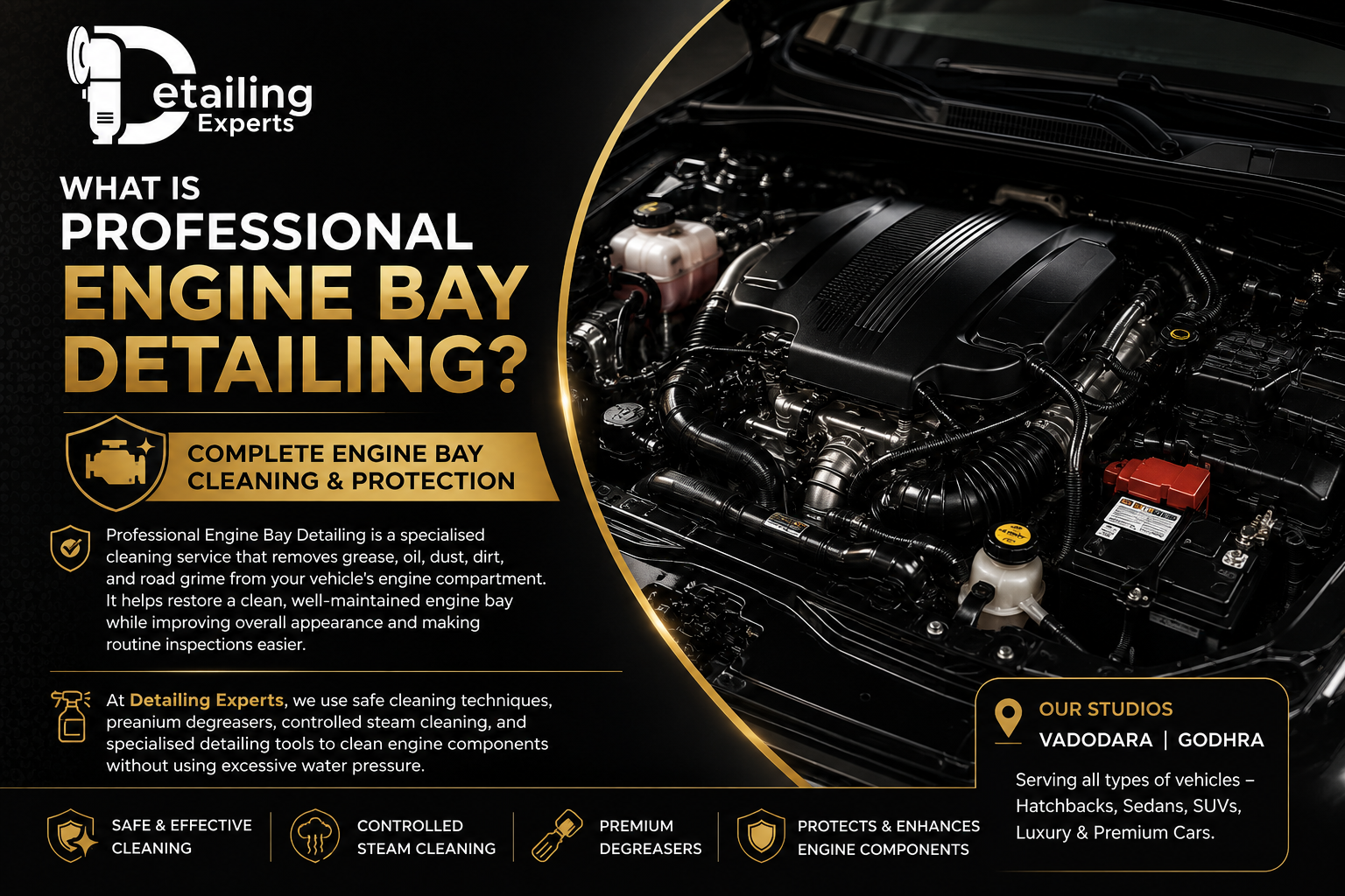 Professional Engine Bay Detailing with safe steam cleaning at Detailing Experts Vadodara