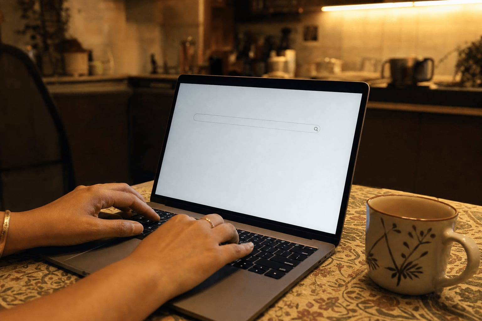 Close-up of hands typing on a laptop keyboard at a kitchen table in the evening with an empty browser search bar open on screen.