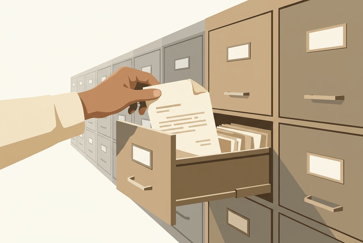 Flat illustration of a hand pulling a faded page from a filing drawer that recedes further back than the eye can follow.