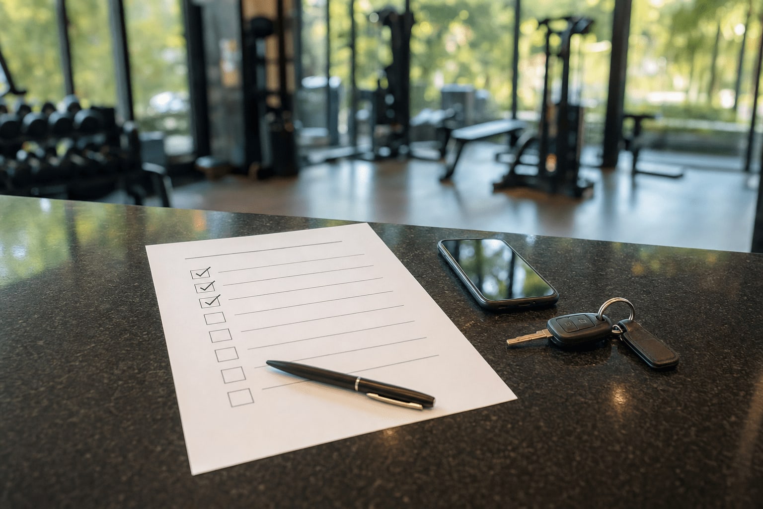 A printed checklist on a gym front desk with a pen, tick marks on some lines, and a phone beside it.