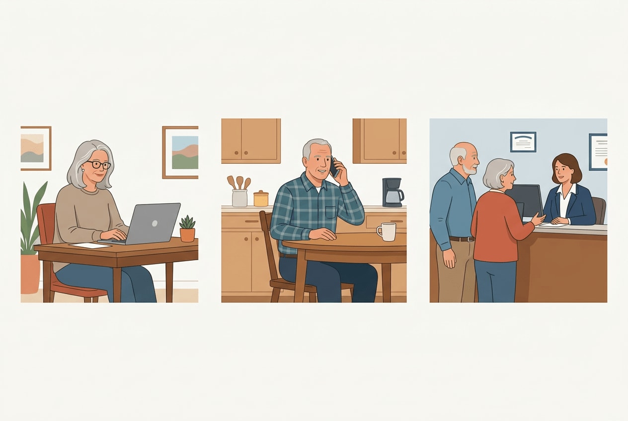 Illustration of three ways to apply for Medicare in the US: online on a laptop, by phone, and in person at a Social Security office, all with white American people