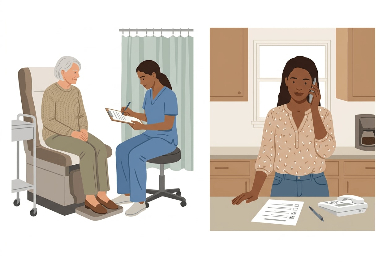 Illustration of a doctor writing a home health order, then a family member on the phone confirming the agency received it