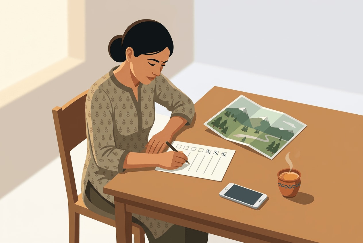 Veetrips A traveller ticking items off a checklist beside a Manali package brochure