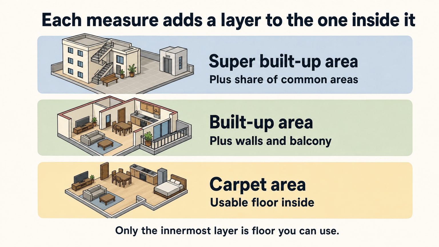 Three layers: carpet area inside, built-up area adds walls and balcony, super built-up adds common areas.