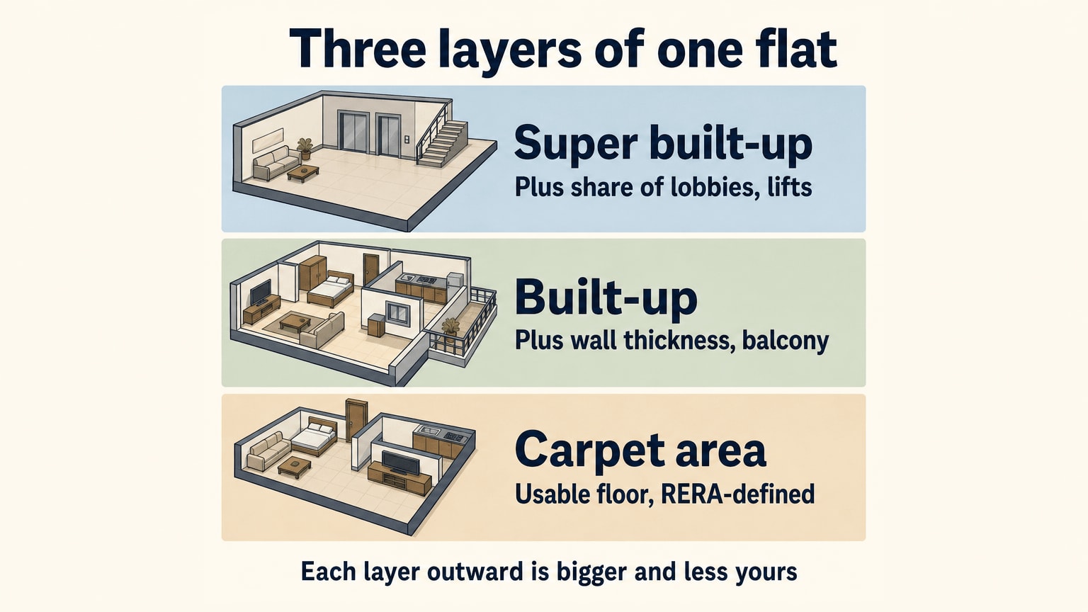 Layers of a flat's area, from usable carpet area outwards to super built-up area including shared common areas.