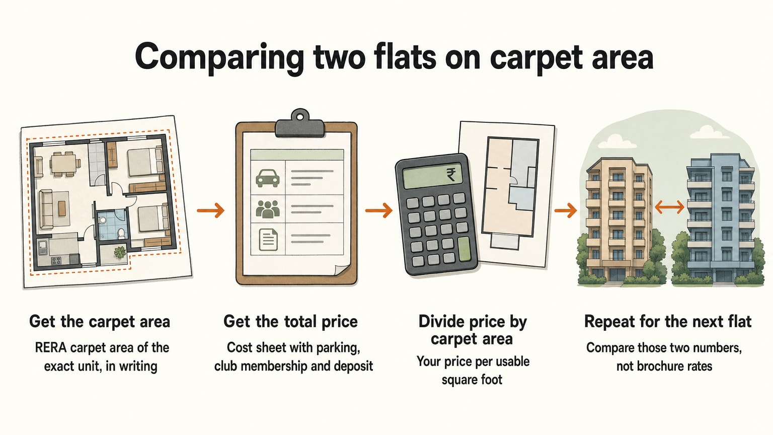 Four steps to compare two flats: get the carpet area, get the total price, divide price by carpet area, repeat for the next flat.