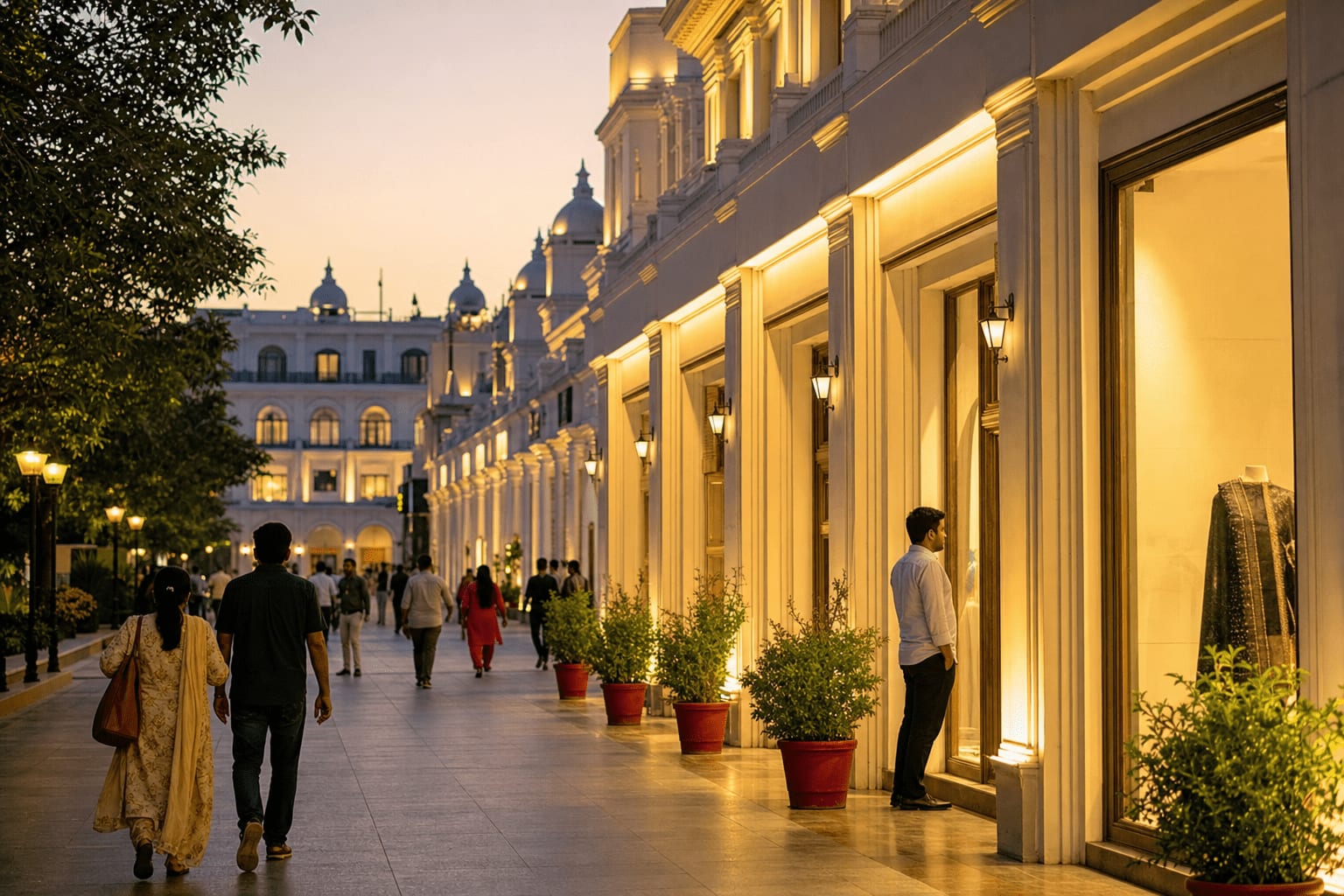 A busy Lucknow shopping arcade at dusk with lit shopfronts and people walking past