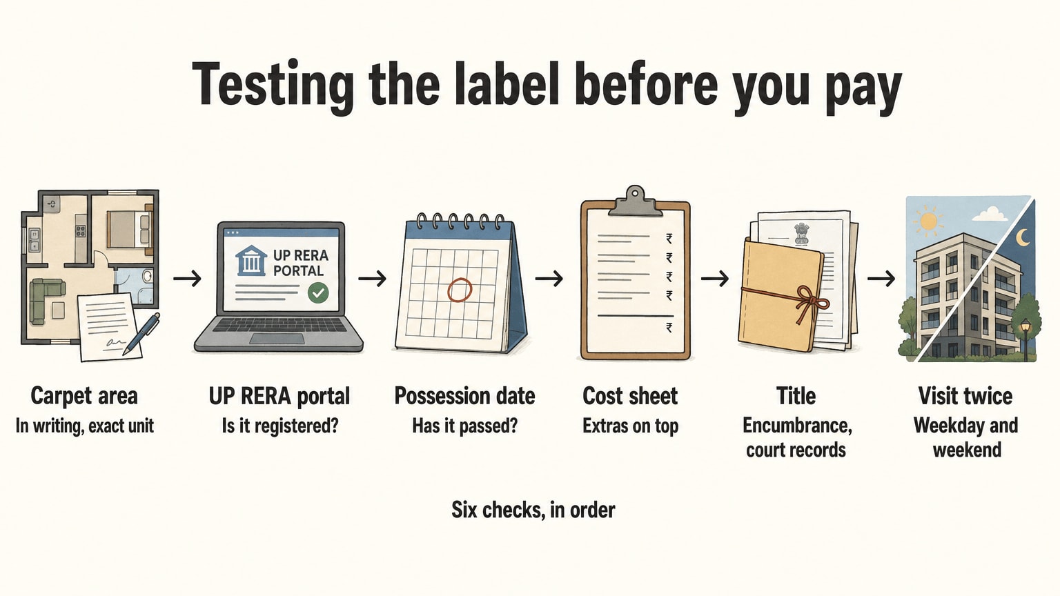 Six steps in order for testing a posh label: carpet area, RERA portal, possession date, cost sheet, title, visits