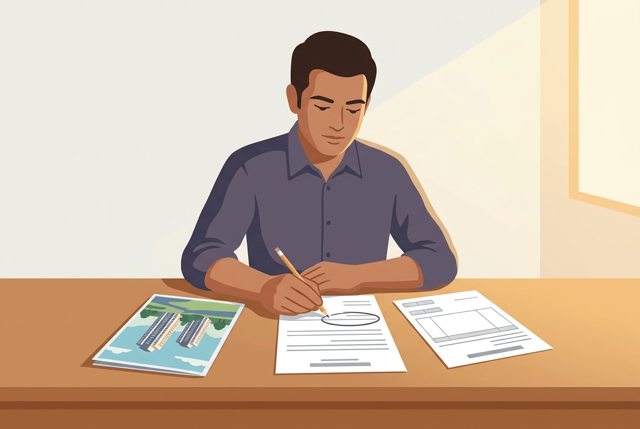 A buyer at a table comparing a glossy brochure with a printed cost sheet, pencil in hand
