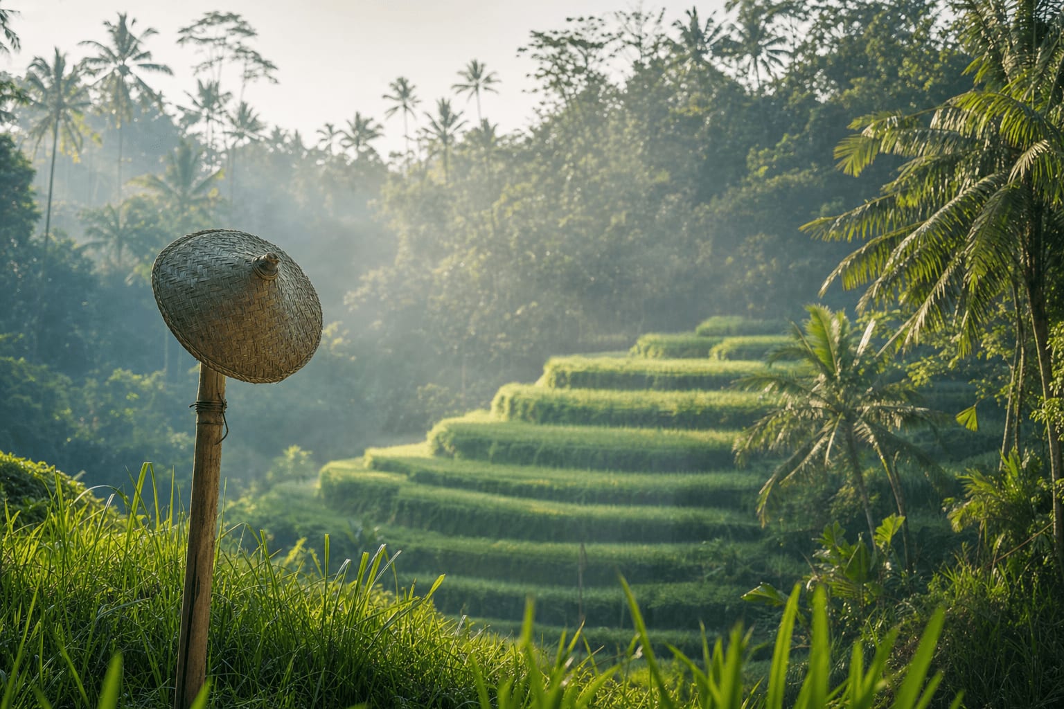 Veetrips Green rice terraces near Ubud in soft morning light