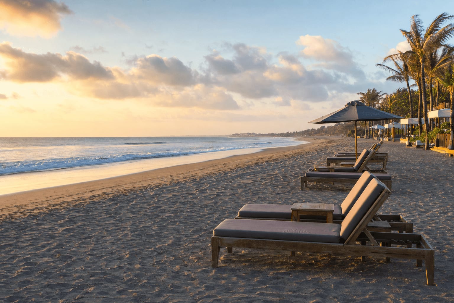 Veetrips Seminyak beach in late afternoon light with loungers and gentle surf