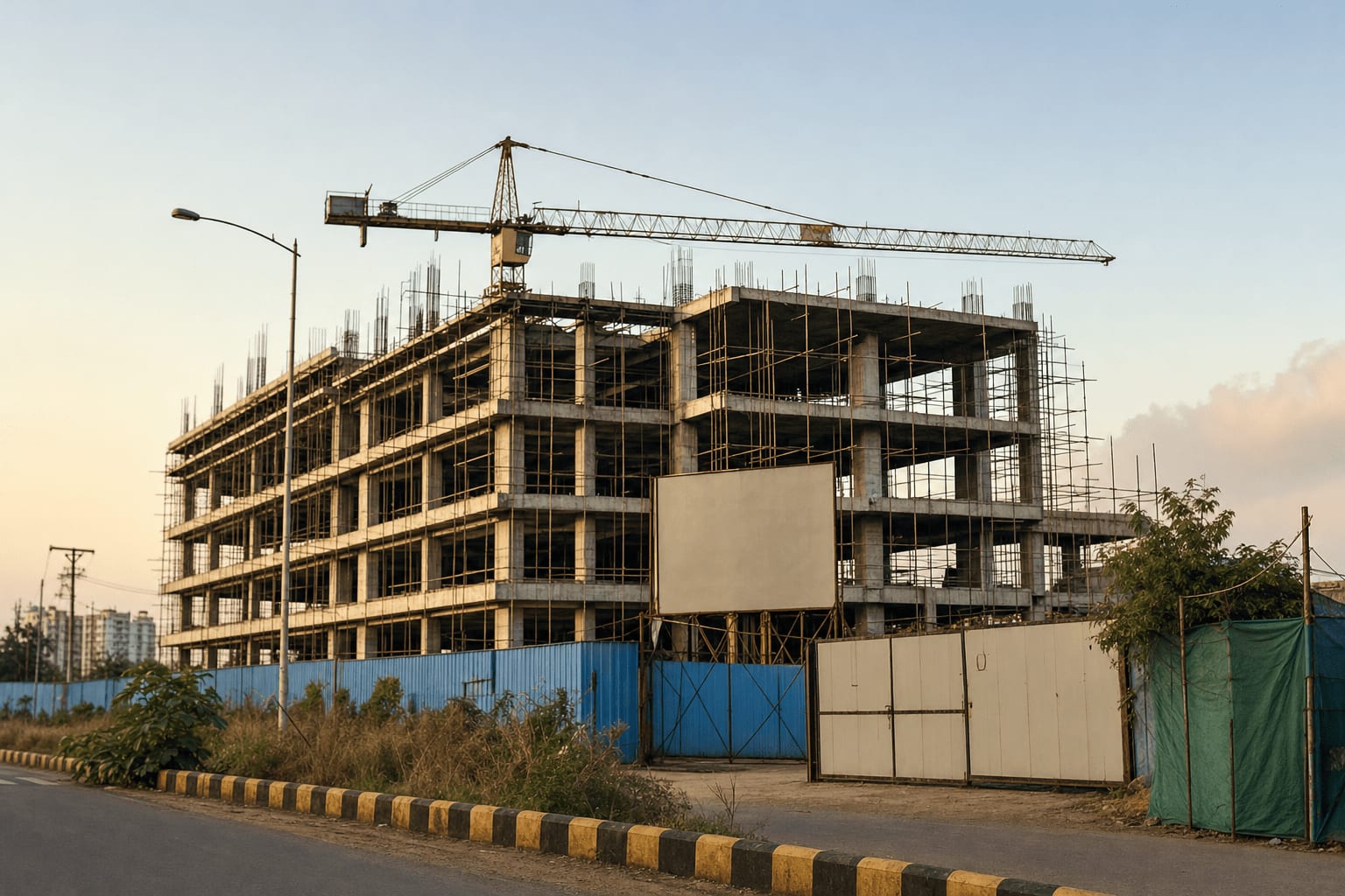 A tall unfinished concrete mall structure with scaffolding and a RERA signboard at the site gate in Lucknow