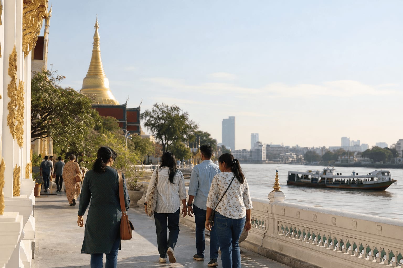 Veetrips Visitors in covered clothing walking beside a gilded temple spire on the Chao Phraya river in the morning
