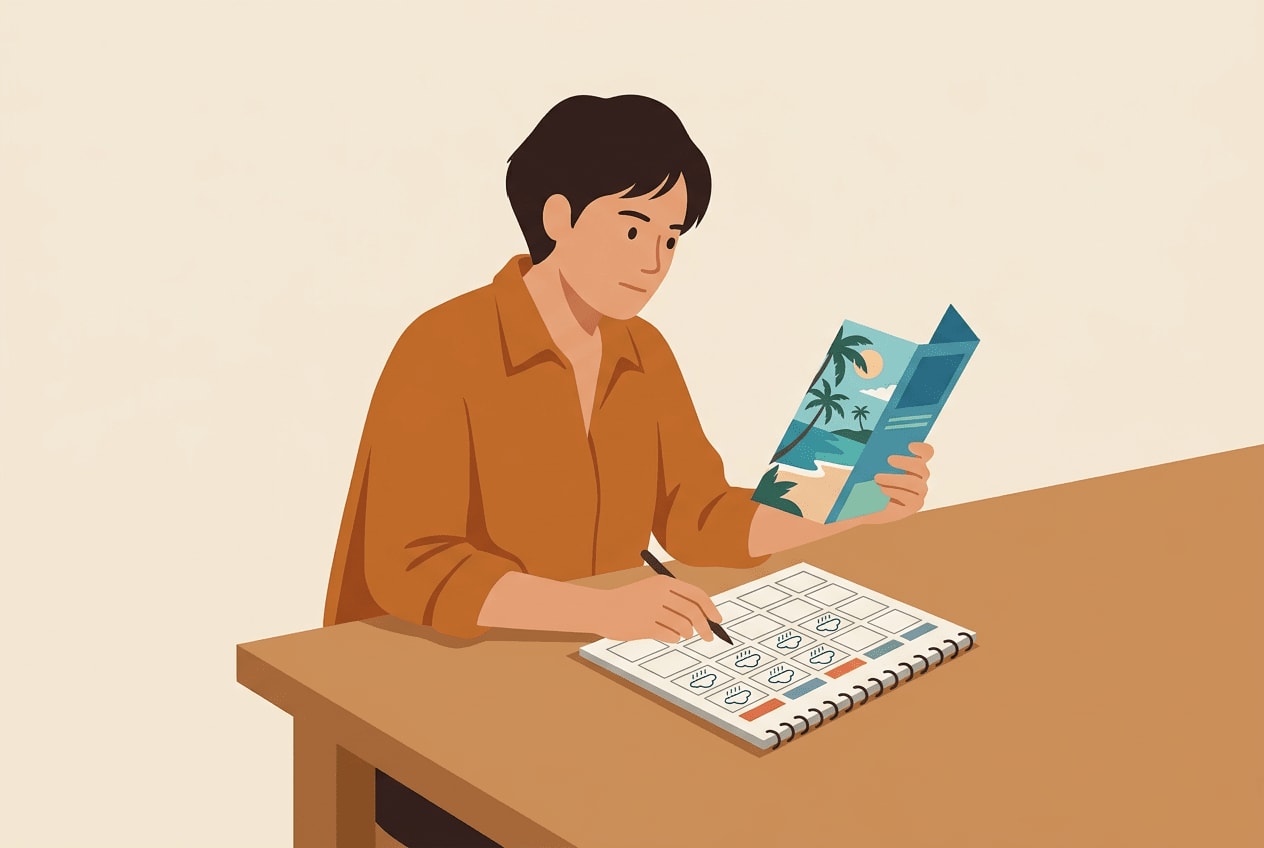Veetrips A traveller at a table comparing a beach brochure with a rain calendar