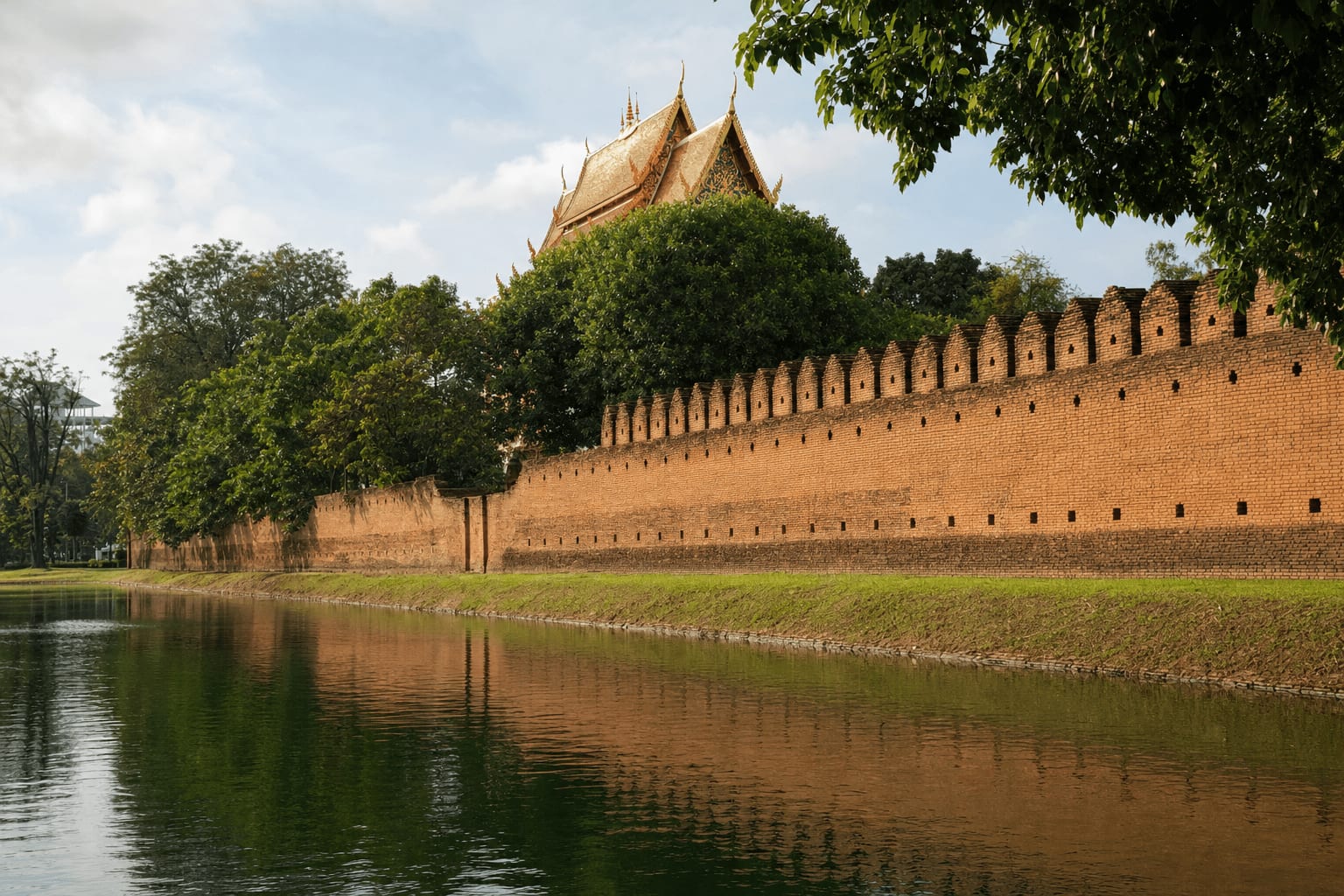 Veetrips The moat and old brick wall of Chiang Mai's Old City with a temple roof behind