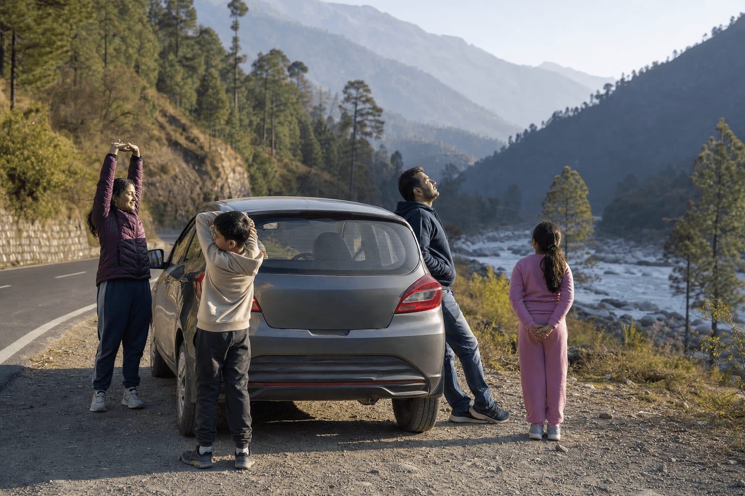 Veetrips Early morning on a Himachal highway, a car pulled over beside pine trees and a river valley