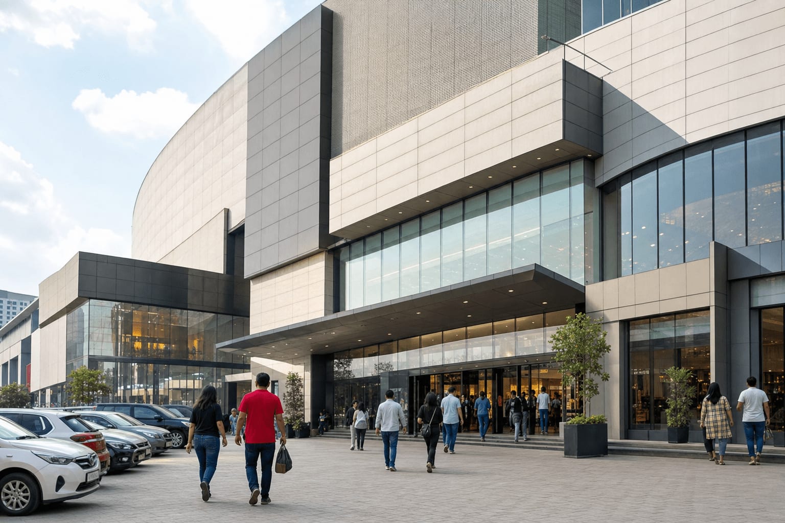 Exterior of a large modern shopping mall in an Indian city, with shoppers walking towards the entrance