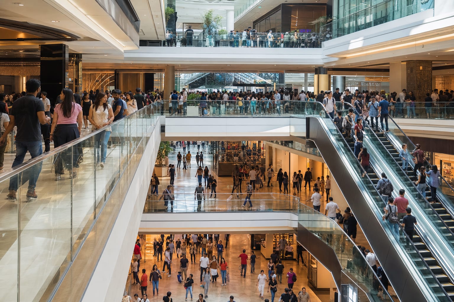 Busy multi-floor atrium inside a large modern shopping mall, with escalators and shoppers