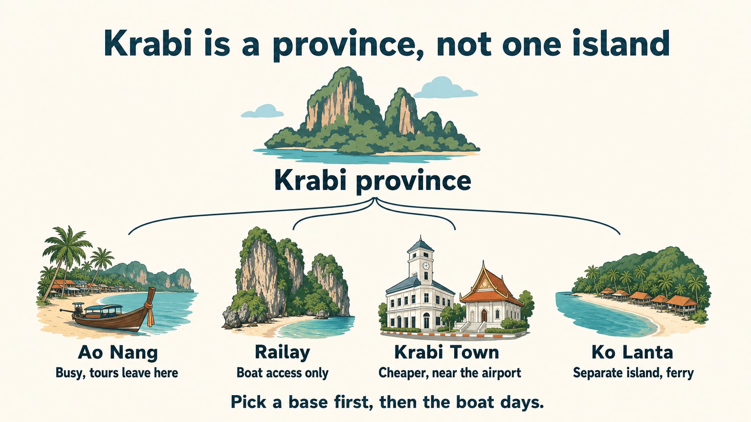 Veetrips Krabi province on the mainland splitting into four bases: Ao Nang, Railay, Krabi Town and Ko Lanta