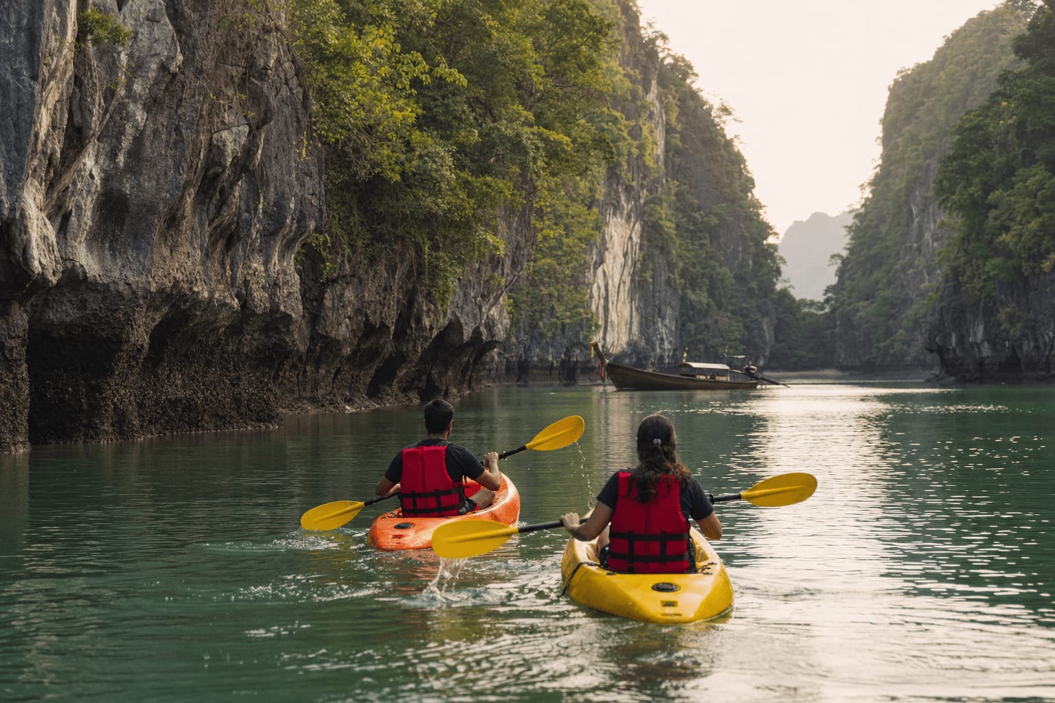 Veetrips Kayakers paddling into a quiet lagoon ringed by limestone cliffs