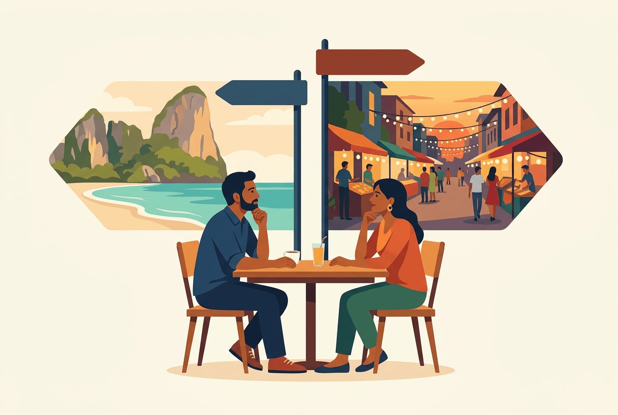 Veetrips A traveller at a table choosing between a calm cliff beach and a lively night-life street