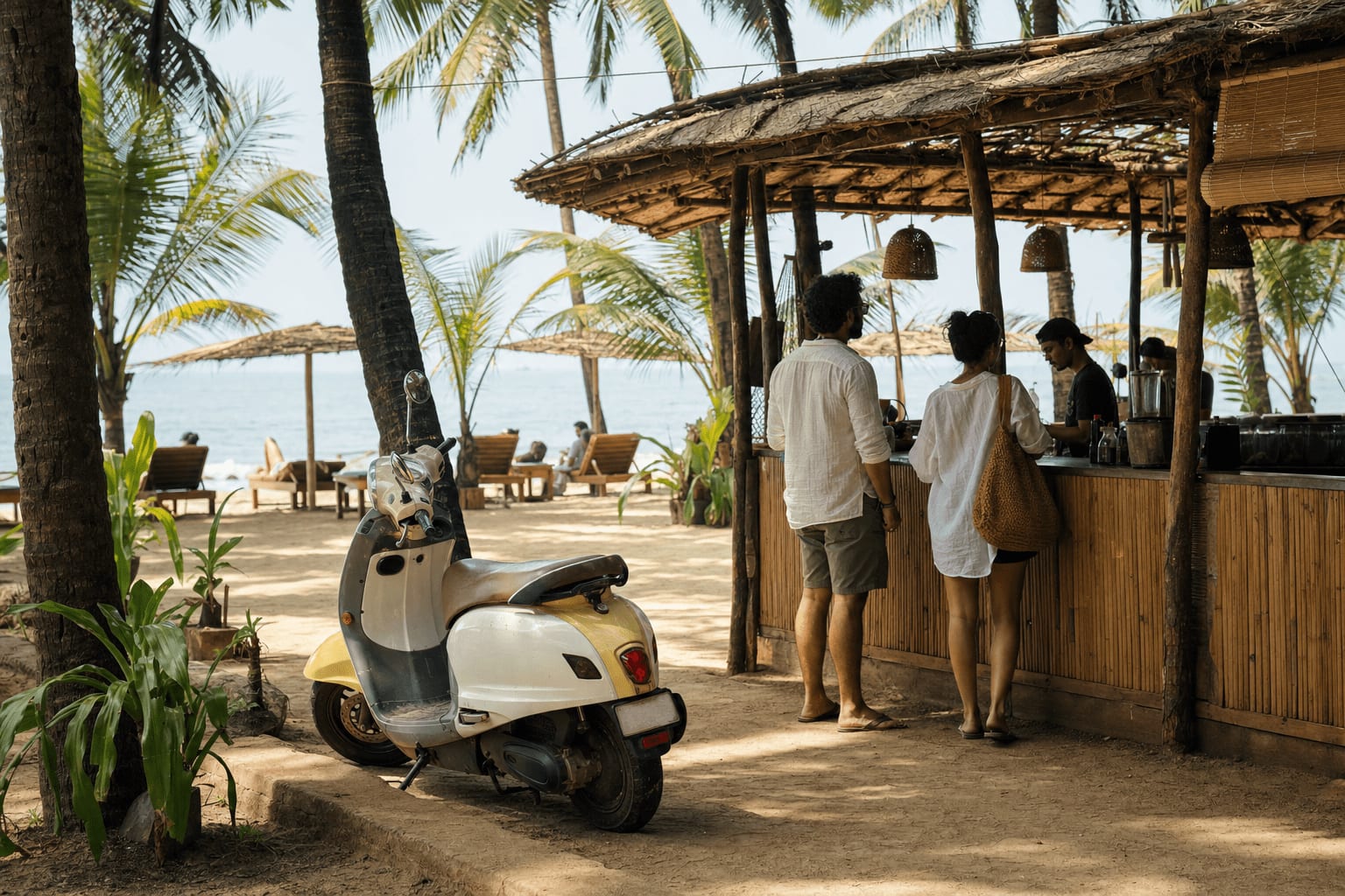 Veetrips A scooter parked beside a beach shack with sun beds under palm trees
