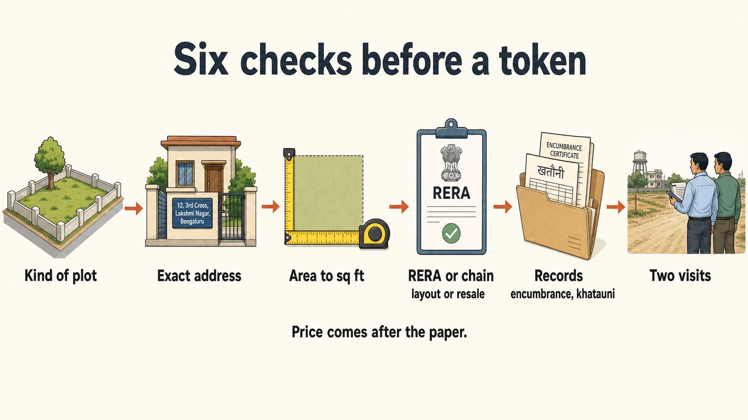 Six steps in order for testing a plot before a token: kind, address, area, RERA or papers, records, visits