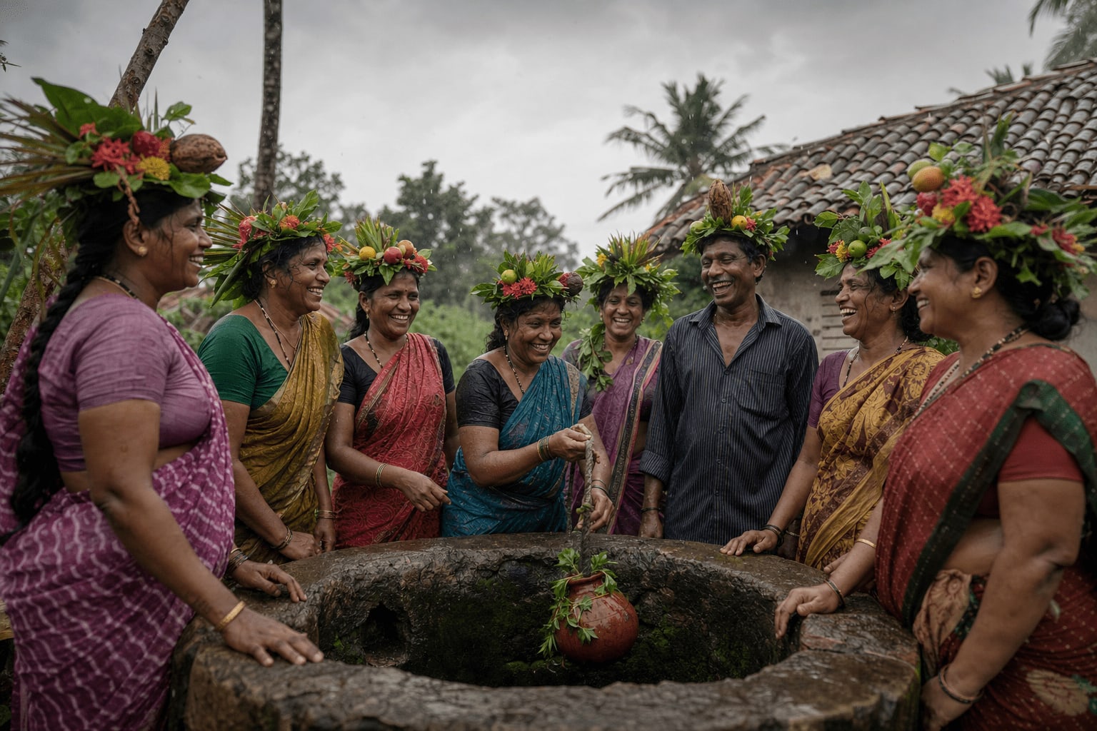 Veetrips Villagers in flower and leaf crowns beside a village well in light monsoon rain