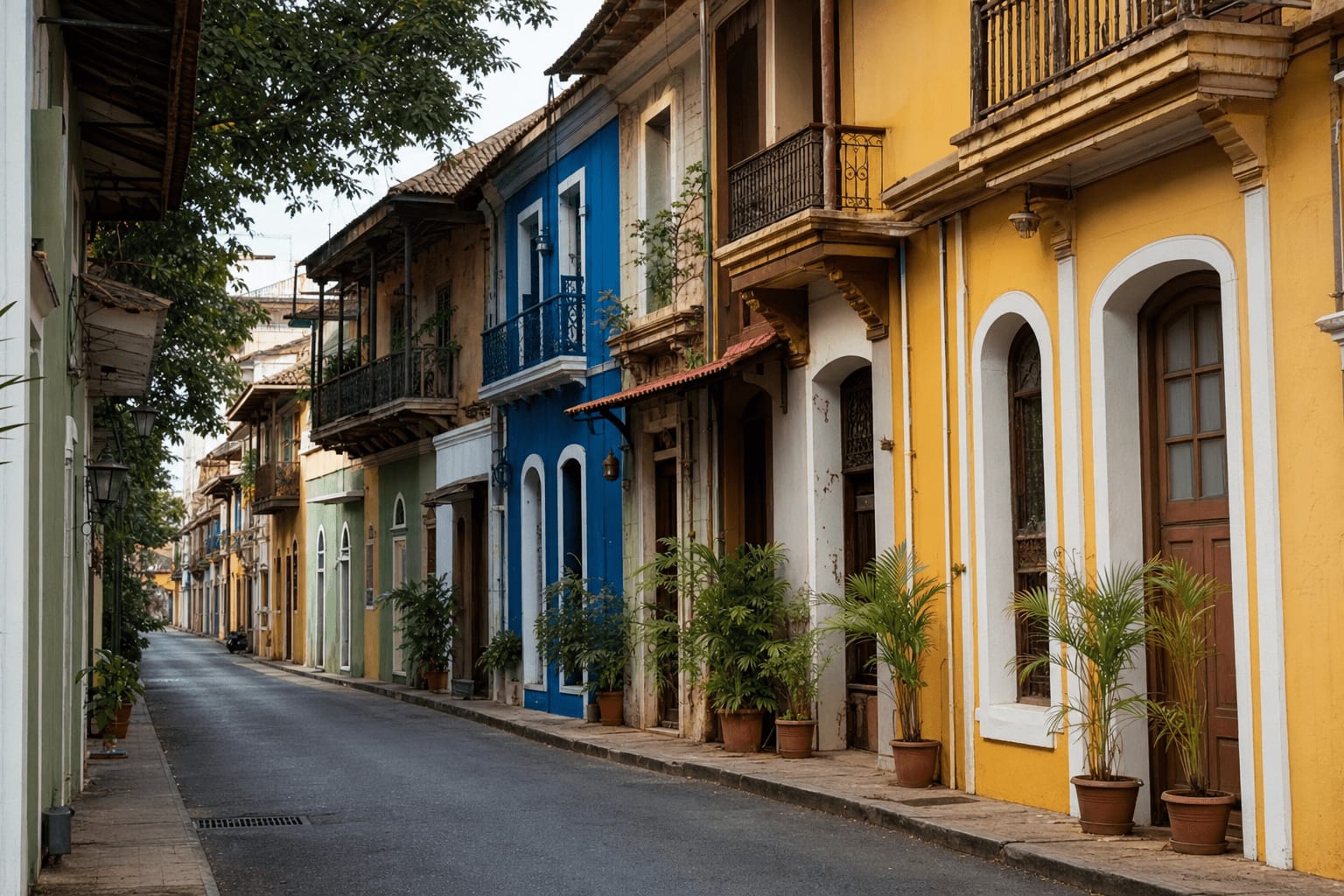 Veetrips Narrow street in Fontainhas, Panaji, with colourful Portuguese-style houses and balconies