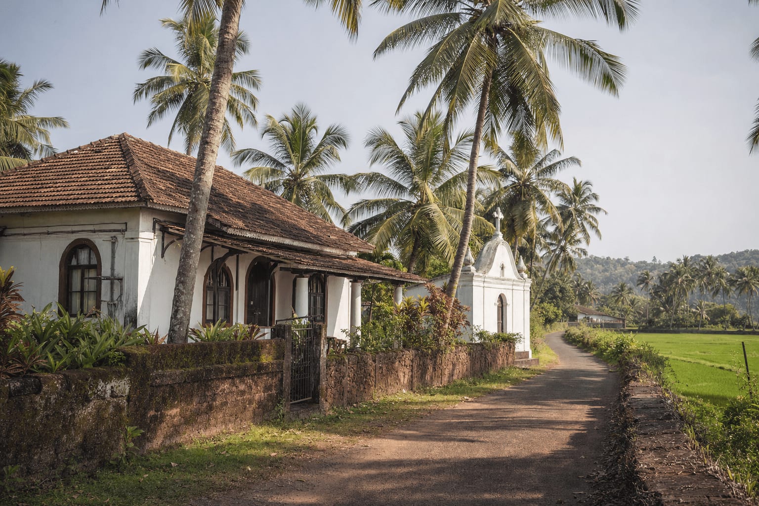 Veetrips Quiet village road on Divar Island with an old Portuguese-style house, small chapel and coconut palms