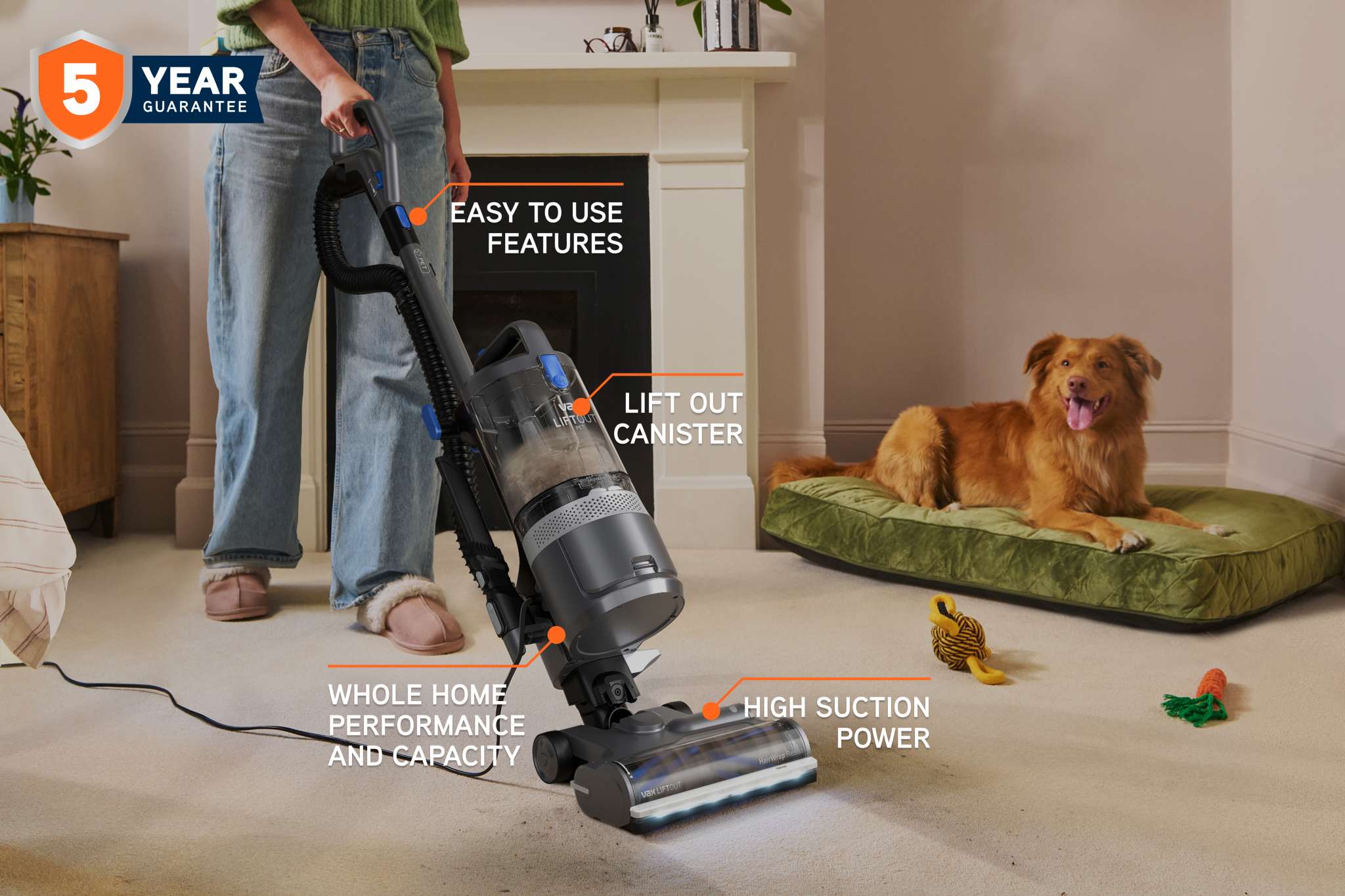 VAX LiftOut Pet Upright Corded Vacuum Cleaner with easy to use features, lift out canister and high suction-power for a whole home performance and capacity. 