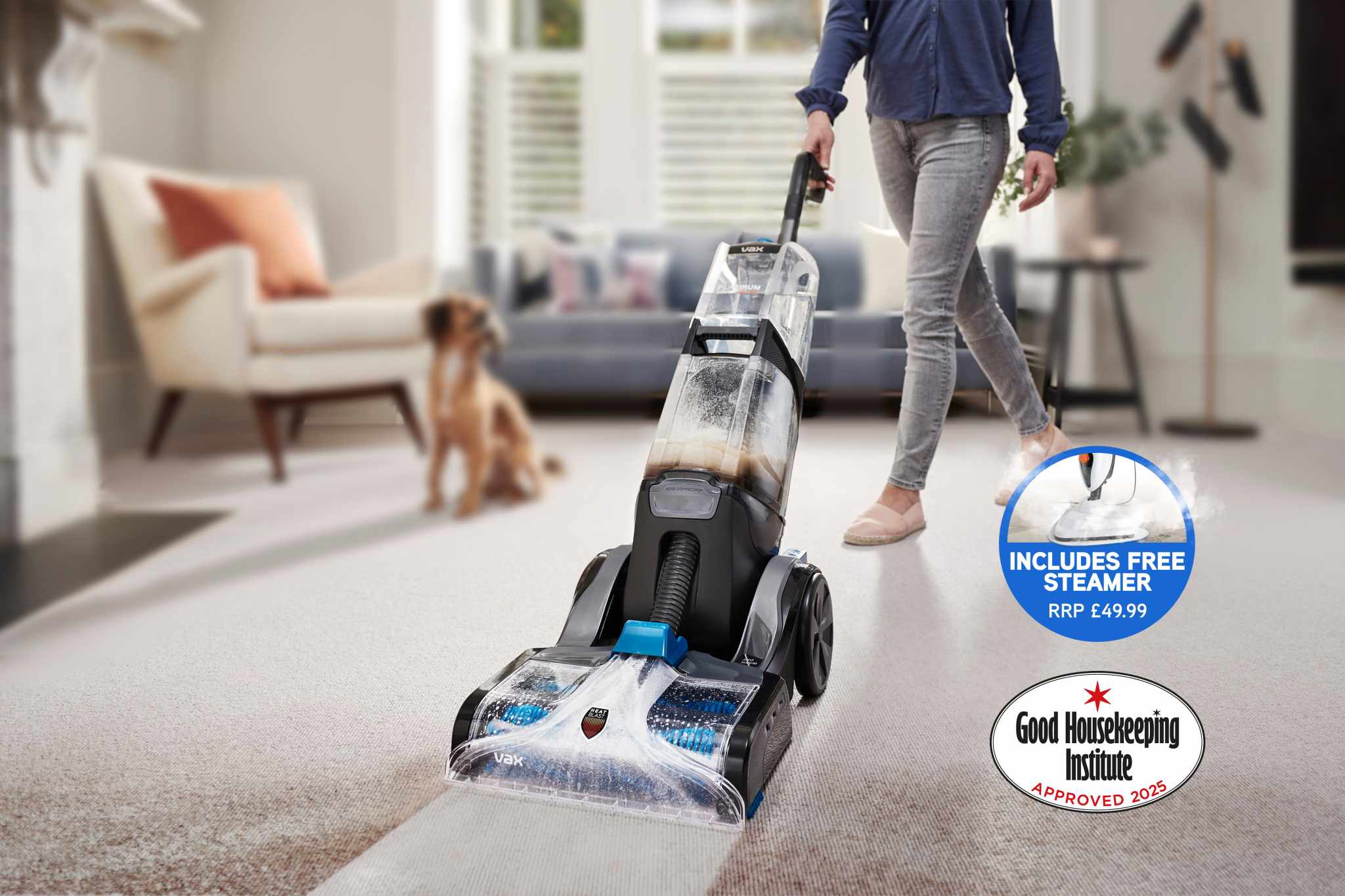 VAX Platinum SmartWash Carpet Cleaner, comes with a Free Steamer worth £49.99. 