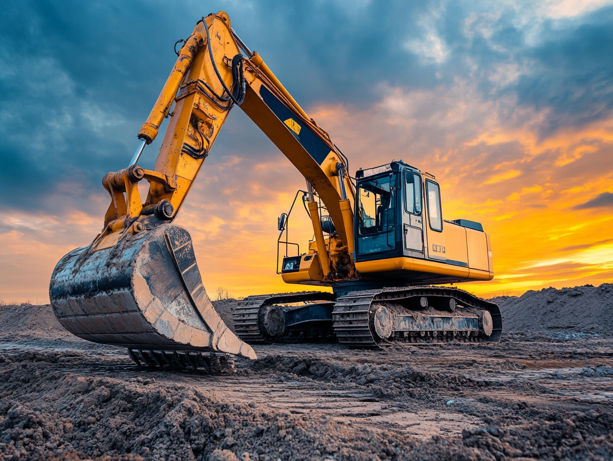 Yellow excavator on a construction site, available for plant hire