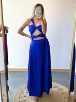 Vestido azul largo escote cruzado un hombro