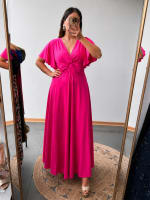 Vestido fucsia fluor escote cruzado con mangas cortas