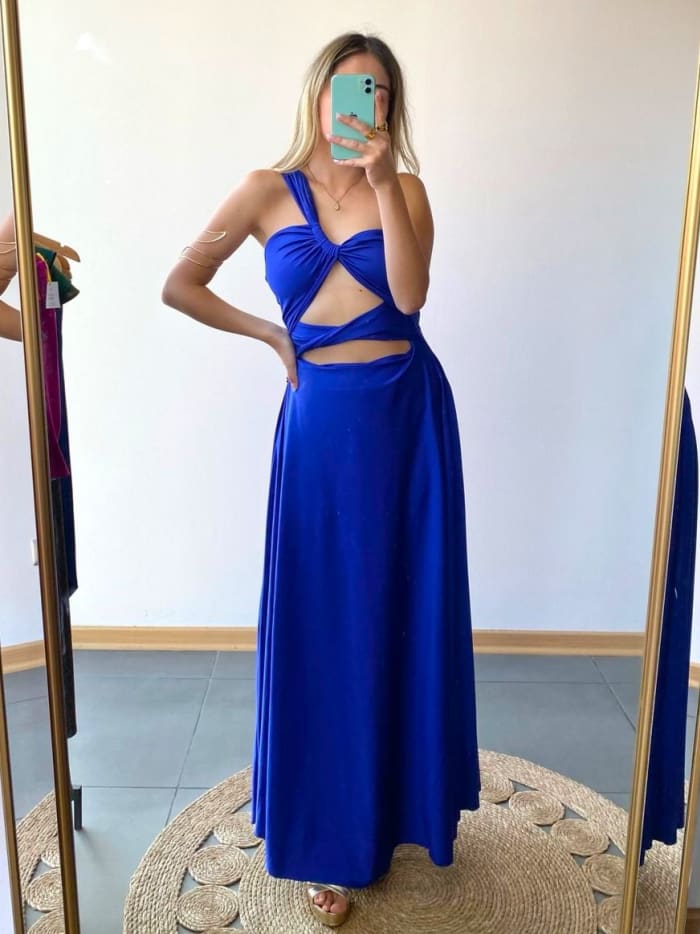 Vestido azul largo escote cruzado un hombro Vestido azul largo escote cruzado un hombro