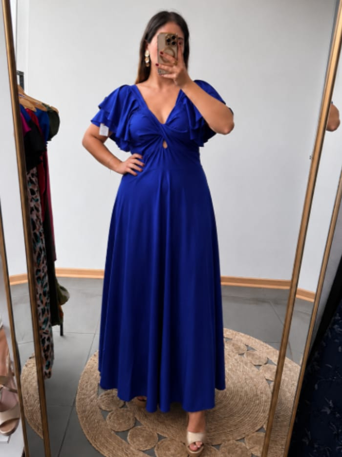 Vestido azul escote cruzado con mangas cortas