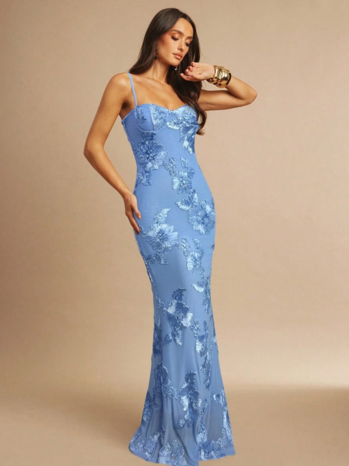 Vestido largo celeste con cinta celeste