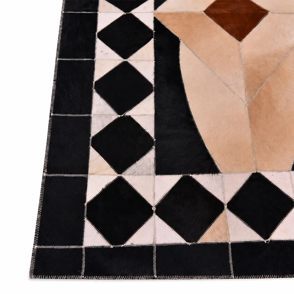 Modern Geometric Genuine Leather Rug in Black & Ivory Contemporary Design