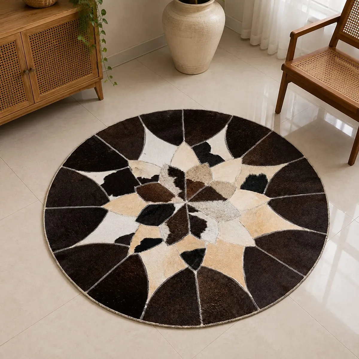 Round Genuine Leather Rug with Geometric Flower Design in Brown, Beige & Ivory – Handmade