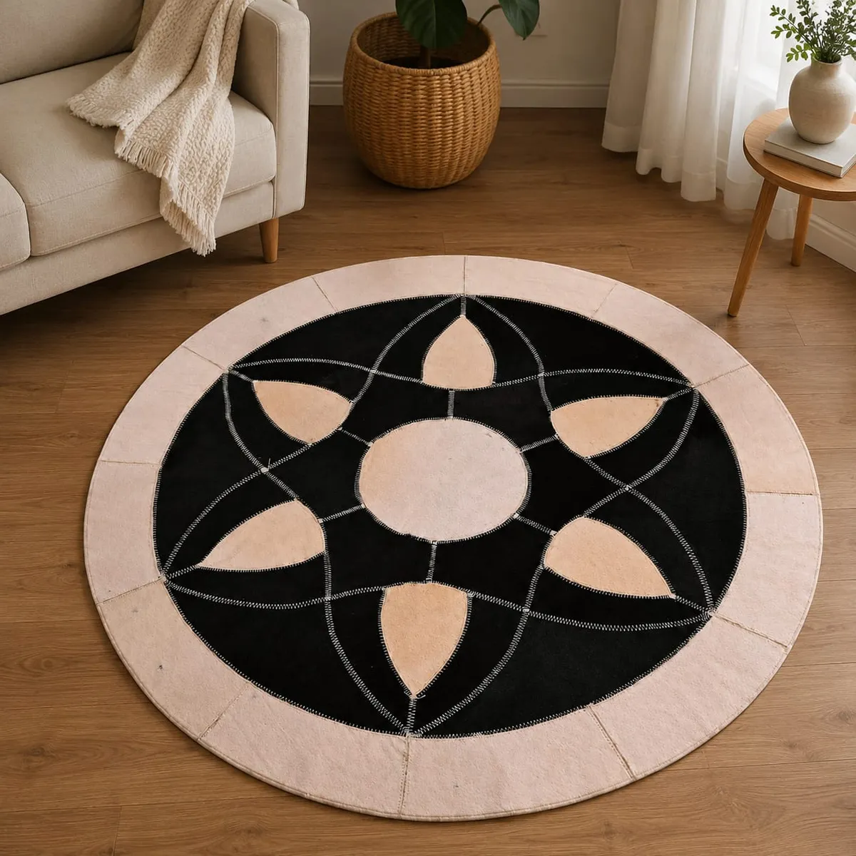 Round Genuine Leather Rug with Elegant Floral Geometric Design – Handmade