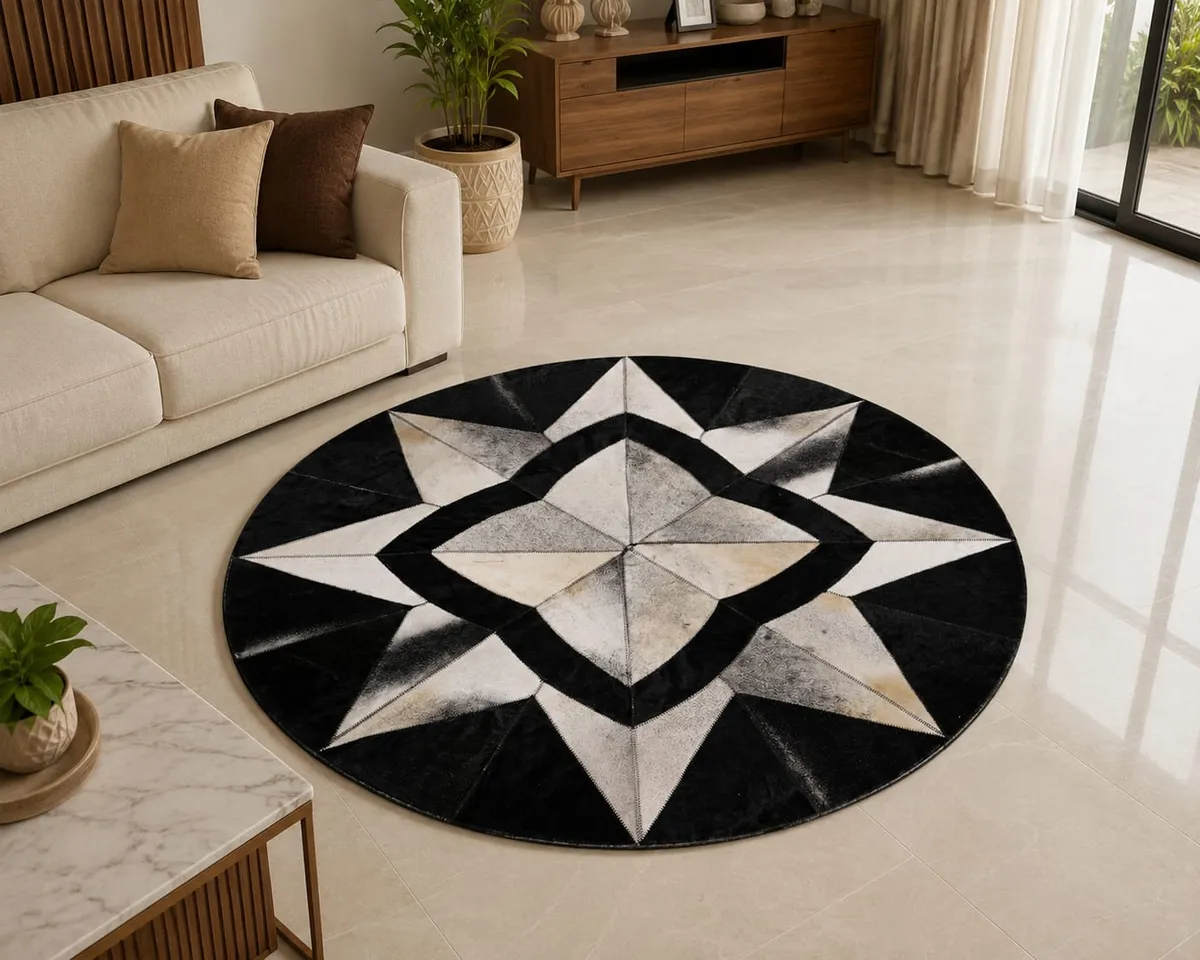Round Genuine Leather Rug with Modern Star Pattern – Premium Luxury Area Rug