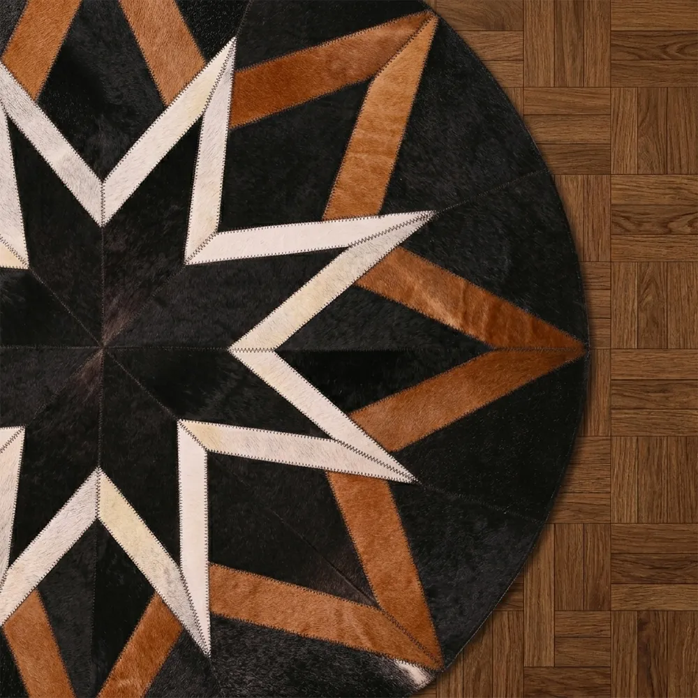 Round Genuine Leather Area Rug with Geometric Star Pattern – Handmade