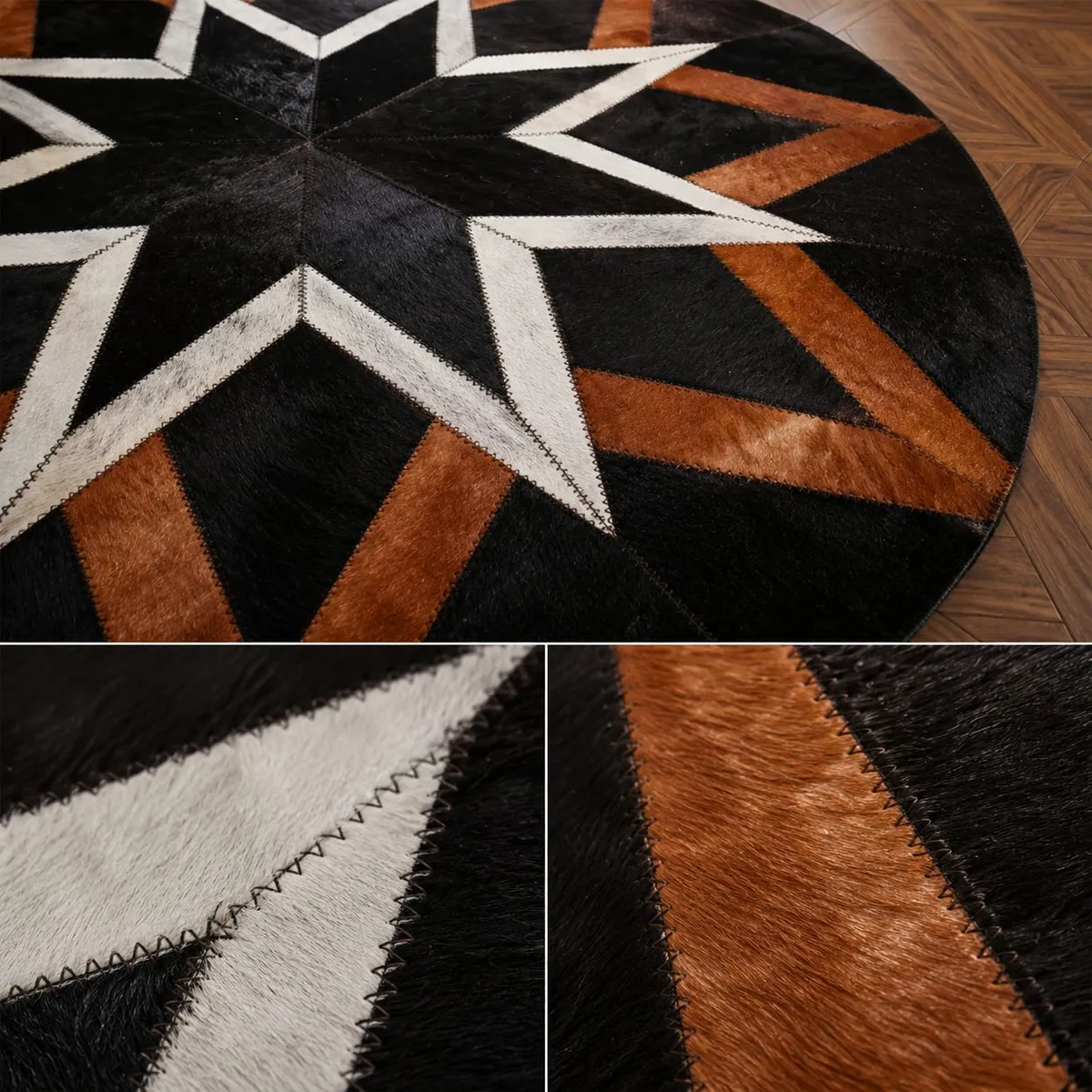 Round Genuine Leather Area Rug with Geometric Star Pattern – Handmade