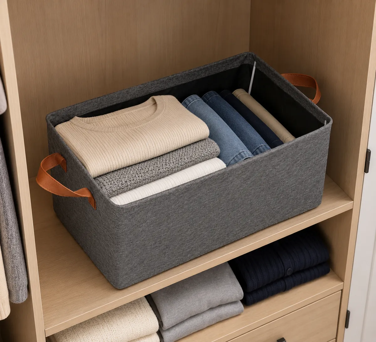 Fabric Storage Basket with Handles - Multi-Purpose Closet & Toy Organizer Box (47x30x20 cm)