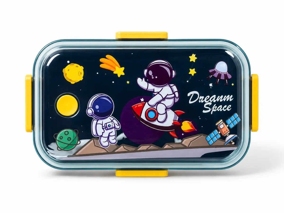 Kids School Lunch Box with Fork - Secure Bento Box with Space & Dinosaur Designs