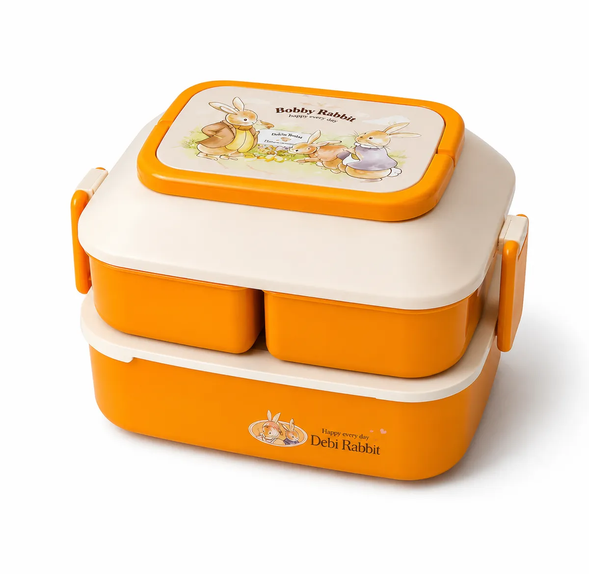 2-Tier Lunch Box with Cutlery (19x13 cm) - Bobby Rabbit Compartment Bento Box for School & Travel