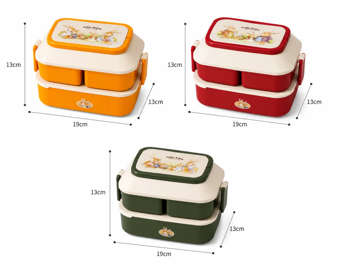 2-Tier Lunch Box with Cutlery (19x13 cm) - Bobby Rabbit Compartment Bento Box for School & Travel