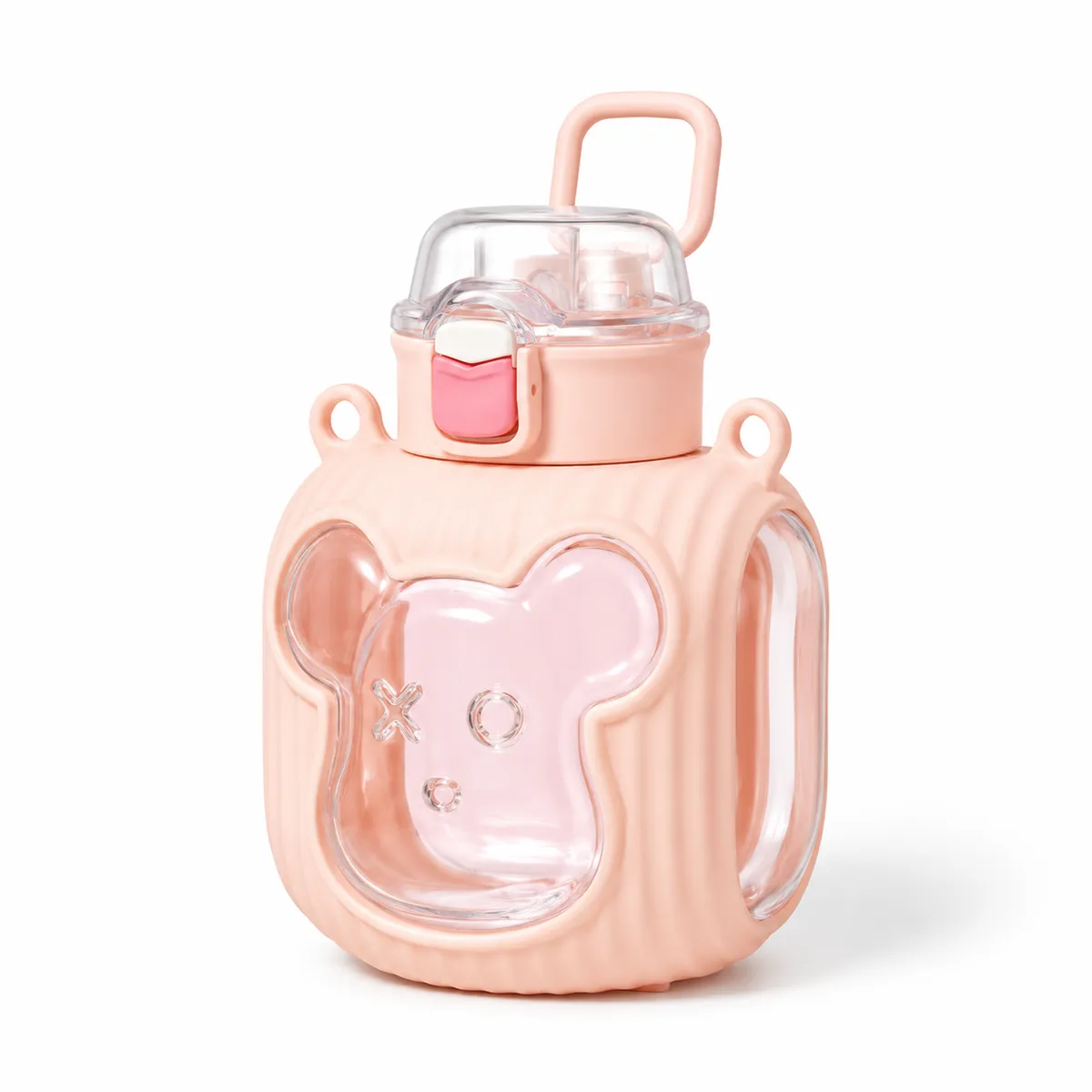 Bear Acrylic Kids Water Bottle with Straw & Carry Strap - Leakproof School Flask